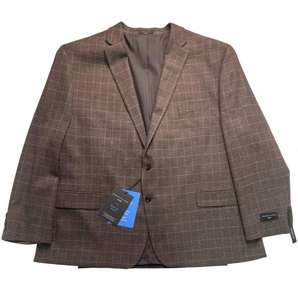 Shaquille O'Neal XLG Men 52R Brown Glen Plaid Stretch Sport Coat Blazer
